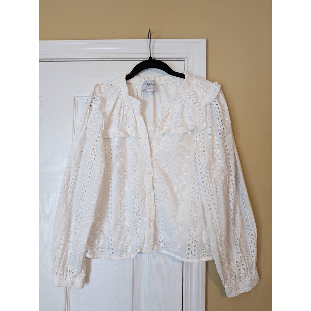 The Shirt by Rochelle Behrens White Eyelet Ruffle Blouse Size Large Cotton Boho